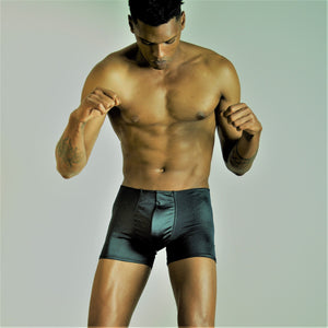 Men's Satin Boxer briefs by Etseo Satin Underwear for men. Black, back view.