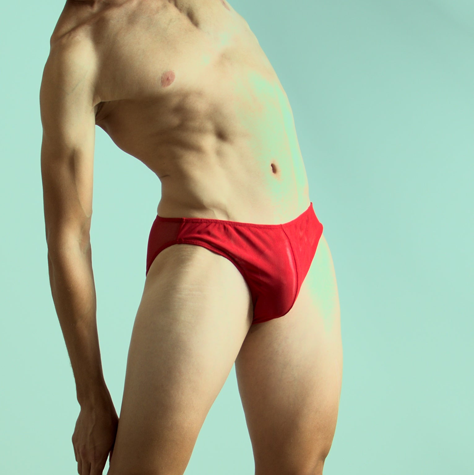 Red Mesh Bikini Brief by etseo men's underwear, front view